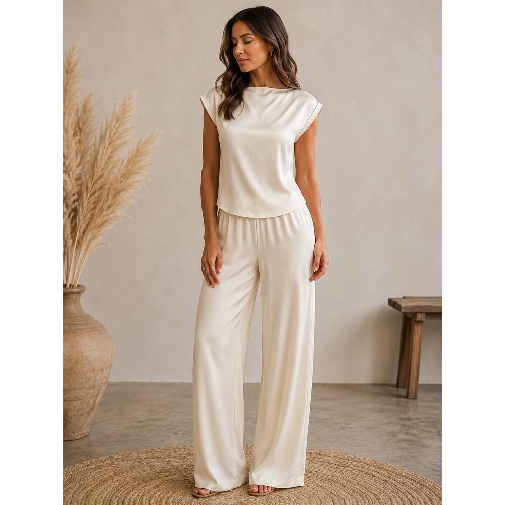 Shamask 100% Silk Champagne Ivory Pant Set Sz 1/2 M Wide Leg Luxe Minimalist M